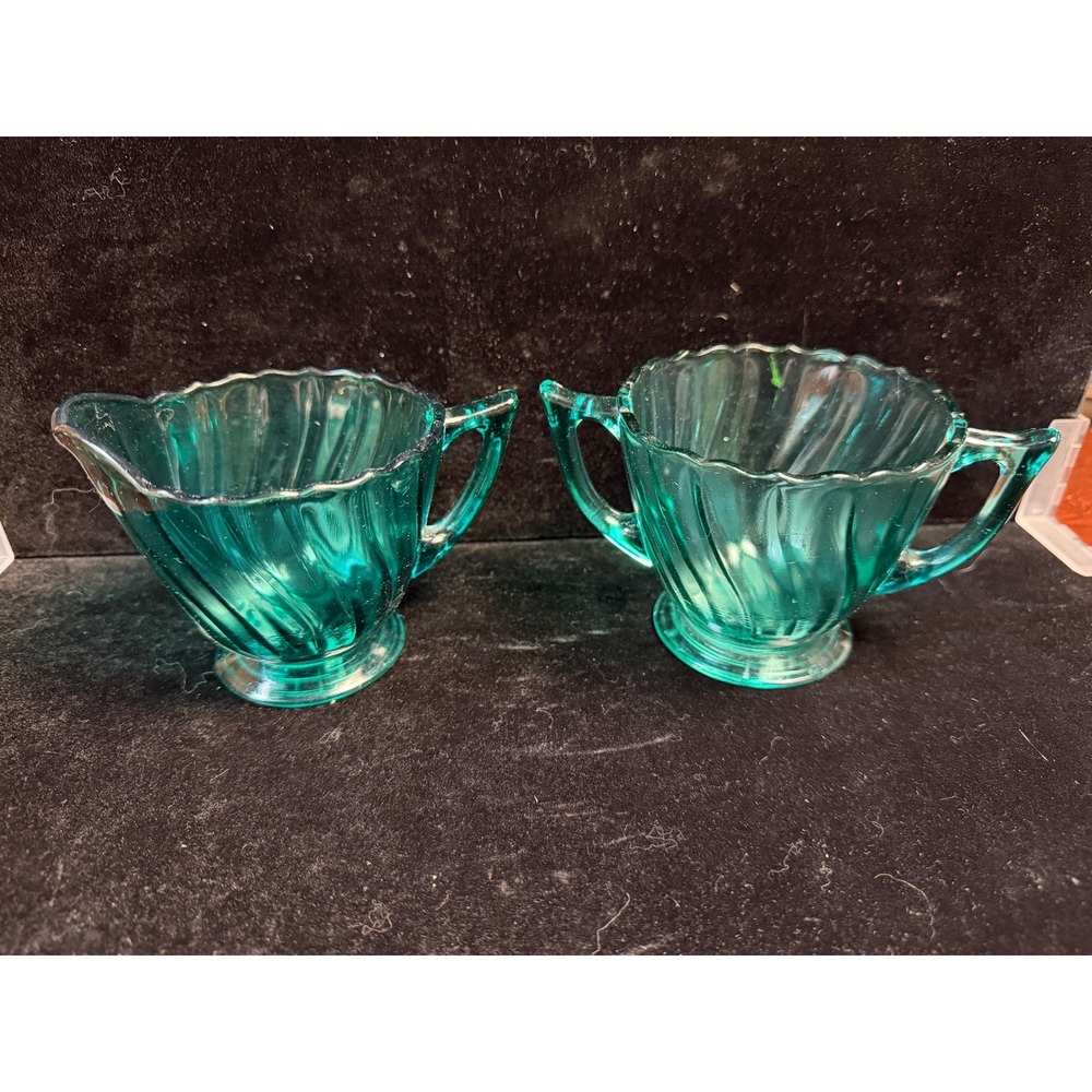 Vintage Teal Blue Green Swirl Glass Creamer and Sugar Bowl Set Scalloped Edge